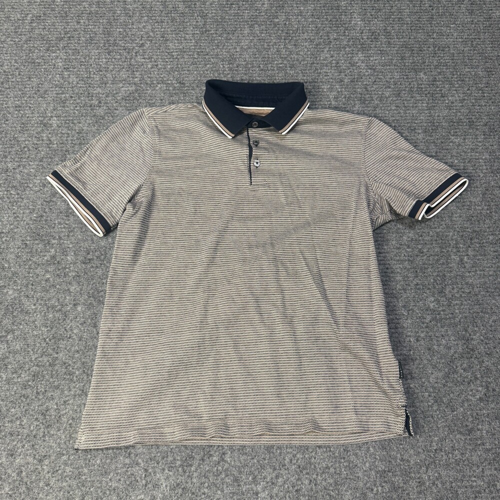 Bugatti Polo Shirt Mens Small Beige Navy Micro Stripe Mercerized Cotton Knit